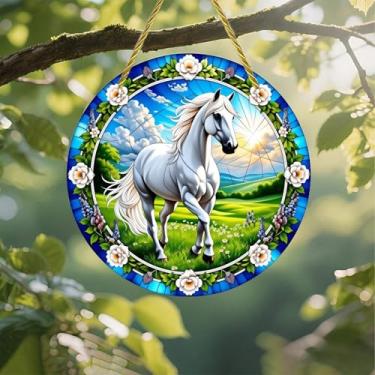 Imagem de Acrílico colorido Suncatcher, vitral branco cavalo campo flores 18 cm janela suspensa decoração de parede com design de estilo vitral impresso, ideia de presente e ornamento de jardim uso interno e