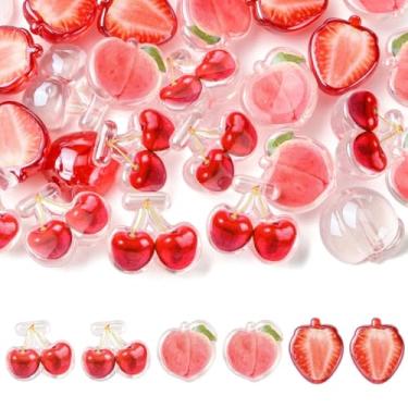 Imagem de KitBeads 30 peças de contas vermelhas cereja pêssego maçã perfuradas na parte superior transparente 3 estilos contas de frutas acrílicas para fazer joias, pulseiras, chaveiros, canetas, artesanato