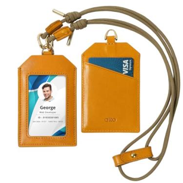 Imagem de alto Porta-crachá de identificação de couro italiano com compartimento para cartão (caramelo e alça)