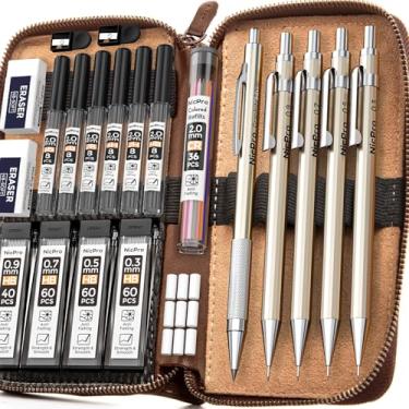 Imagem de Nicpro Conjunto de lápis mecânicos de metal com 20 peças em estojo de couro, 0,3, 0,5, 0,7 e 0,9 mm e 2 mm, refis de grafite (4B 2B HB 2H) refis de grafite (preto e colorido), borrachas, para desenho