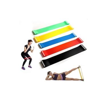 Imagem de Kit 5 Mini Bands Elásticas para Exercícios, Borracha Natural, 5 Intensidades Diferentes, Preto Vermelho Azul Amarelo Verde, Treino em Casa Academia