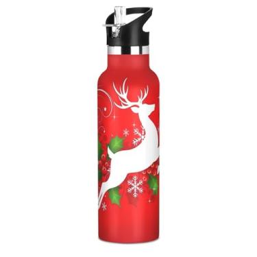 Imagem de Garrafas de água de Natal de rena vermelha para meninas e meninos garrafa de água de aço inoxidável livre de BPA copo de viagem isolado copo de viagem com tampa de canudo para bebidas quentes ou frias