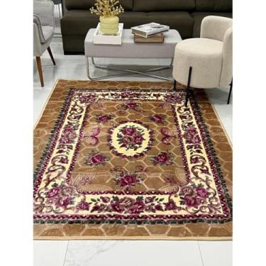 Imagem de Tapete Floral Grande 1,45x1,95m Antiderrapante para Sala e Quarto - Tapete Macio de Flanela, Fácil de Lavar na Máquina, Antialérgico, Decorativo para Sua Casa(Bege)
