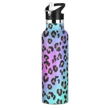 Imagem de Joisal Garrafas de água isoladas para meninas de 590 ml com tampa de palha, manchas de leopardo preto arco-íris azul garrafa de água esportiva de aço inoxidável com alça, copo de viagem a vácuo de