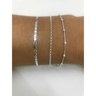 Imagem de Kit 3 Pulseira Prata Legítima Bola Elo Português Laminada - Lojas La&N