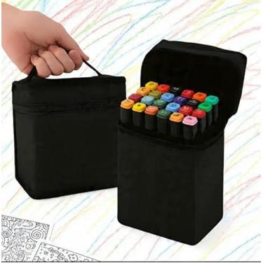 Imagem de Kit De 24 Canetas Marcadoras Permanente Ponta Dupla Coloridas Para Desenho Profissional Escolar Infantil Com Estojo Organizador Base Artista Canetinhas Hidrográficas Alcool Para Colorir Bobbie Goods