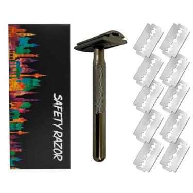 Imagem de Dioche Navalha de Segurança Dupla para Homens, Lâmina de Barbear Manual Estilo Vintage Com Cabo Longo e 10 Lâminas para um Barbear Suave e Confortável (Cor arma)