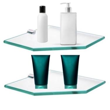Imagem de Kit 2 Prateleiras de Vidro de Canto 25x25 cm – Opção completa com 2 prateleiras, ótima relação custo‑benefício e acabamento clean — ideal para banheiro ou cozinha.
