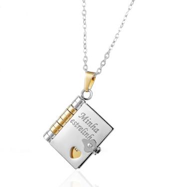 Imagem de LOMISS Colar com pingente de mini livro em formato de coração que se abre corrente para clavícula colar com pingente de livro gravado colar em aço titânio moderno e versátil (Prata)