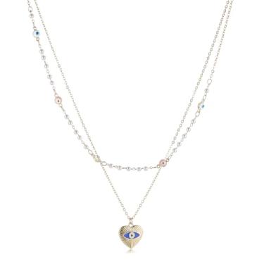 Imagem de HZMAN Presente de olho turco para ela, colar de coração de camada dupla com pingente protetor azul, gargantilha ajustável de latão