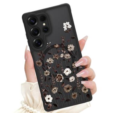 Imagem de SAKUULO Capa magnética para Samsung Galaxy S25 Ultra de 6,9 polegadas, compatível com Magsafe Capa de telefone translúcida fosca com estampa floral preta de silicone para mulheres e meninas