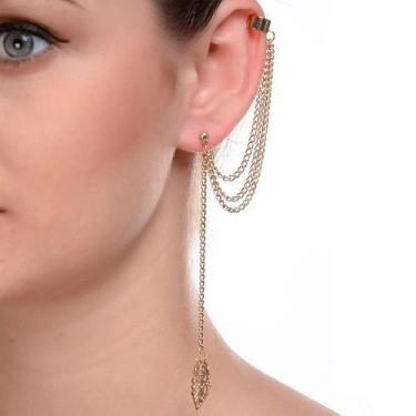 Imagem de Brinco Corrente Multicamadas Em Folha Dourado Ear Cuff Folha - Colortr