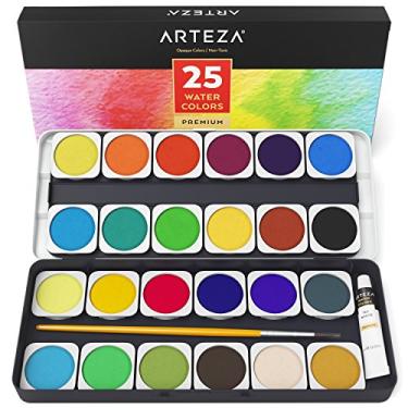 Imagem de Arteza Conjunto de pintura aquarela, conjunto de 25 cores de água, tintas de panela vibrantes com pincel, kit de suprimentos de arte para artistas e adultos, para pintura de viagem, esboço e ilustração