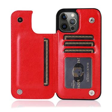 Imagem de Capa de couro de luxo para iPhone 14 13 12 Mini 11 Pro XR X XS Max 8 7 6 6s Plus 5 5S SE 2020 2022 Suporte de Carteira Capa de Telefone, Vermelho, Para iPhone 14 6.1 polegadas