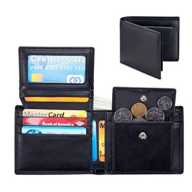 Imagem de Carteira de couro dobrável com bloqueio de RFID para homens com bolso para moedas, suporte de cartão vintage preto