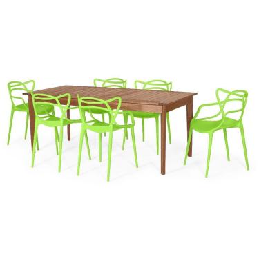 Imagem de Conjunto Mesa de Jantar Retangular em Madeira Maciça 186cm com 6 Cadeiras Allegra - Verde
