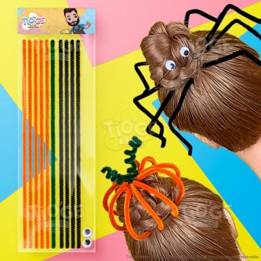 Imagem de Cabelo Maluco Halloween Aranha e Abóbora 10 Hastes Flexíveis de Pelúcia Chenille e 2 Olhos Móveis Autoadesivo