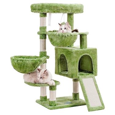 Imagem de Árvore para gatos Hey-brother MPJ006SGR, torre para gatos domésticos, casa com cama grande acolchoada, condomínio aconchegante, com redes e postes de sisal para arranhar, arranhador grande, verde