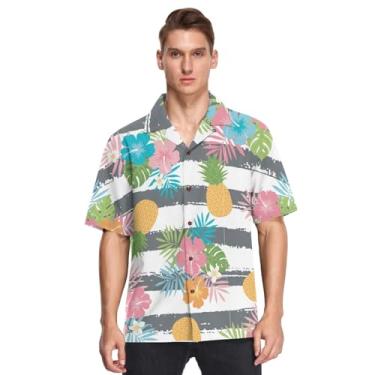 Imagem de GuoChe Camisa havaiana manga curta abotoada abacaxi tropical havaiana flor estampada camisas havaianas para hombre, Flor havaiana tropical abacaxi, P