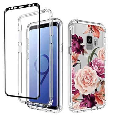 Imagem de Ueokeird Capa para Galaxy S9, capa para Samsung S9 SM-G960U com protetor de tela de vidro temperado, linda estampa floral transparente capa protetora para celular para Samsung Galaxy S9 (flor roxa)