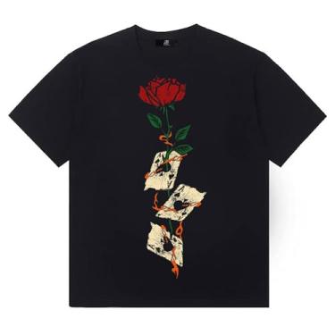 Imagem de JBB Camiseta masculina hip hop V estampada manga curta camiseta de algodão gola redonda para homens e mulheres, Poker preto, M