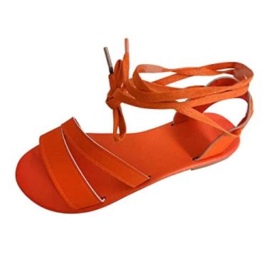 Imagem de Sandálias femininas modernas de verão de couro com tira no tornozelo, bico aberto, sandálias casuais para mulheres, sandálias de cunha modernas, Laranja, 9 X-Narrow