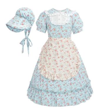 Imagem de Nuoqi Vestidos de pradaria para meninas, fantasia de pioneira verde, vestido colonial com avental, Azul, M