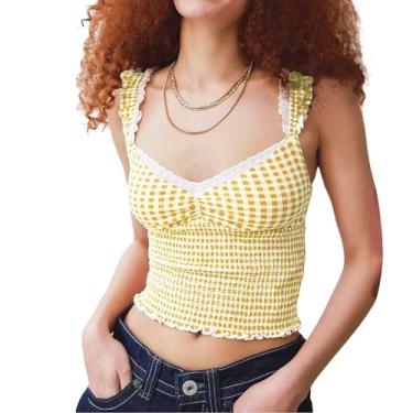 Imagem de Regata feminina cropped casual verão estampa xadrez decote em V colete básico sem mangas para streetwear, Amarelo, P