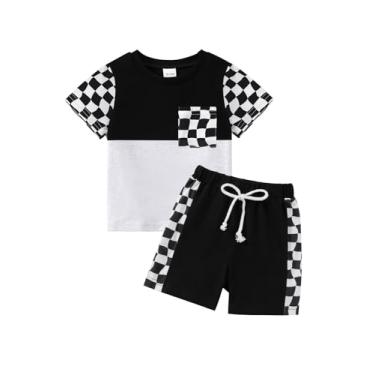 Imagem de Usaibhir Roupas para bebês meninos roupas de verão patchwork xadrez camiseta e shorts para meninos 1t 2t 3t 4t 5t, Preto e cinza, 3-4 T