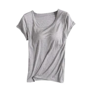 Imagem de Camisetas femininas de algodão, sutiã embutido, ioga, academia, treino, alças acolchoadas com sutiã de prateleira, Cinza, G