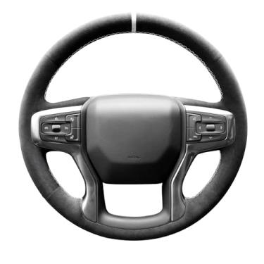 Imagem de Alfanxi Capa de volante Alcantara com costura à mão compatível com Chevrolet Chevy Silverado 1500 2019-2023 (faixa branca)