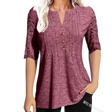 Imagem de Camiseta feminina de verão plissada com botões de renda gola V cor sólida casual, Roxo, vermelho, G