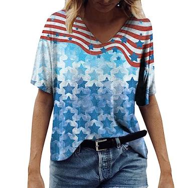 Imagem de Camiseta feminina Independent Day Blusas 4 de julho camiseta listrada manga curta túnica verão sair, Azul-celeste, XXG