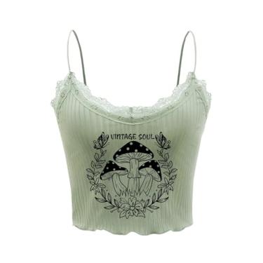Imagem de RoseSeek Camiseta feminina Y2K estampada com acabamento em renda e alças finas sexy cropped para sair em clubwear, Verde menta, PP
