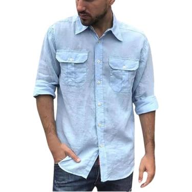 Imagem de Camisetas masculinas primavera outono algodão linho manga comprida bolso duplo ferramentas lapela camisa masculina roupas masculinas, Azul-celeste, P