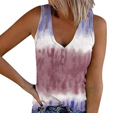 Imagem de Regatas femininas de malha canelada camiseta floral sem mangas gola V camiseta casual verão roupas abotoadas camiseta colete, Roxo 4, M