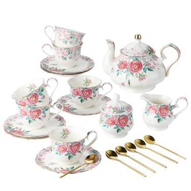 Imagem de CwlwGO Conjunto de 15 peças de chávenas de chá Bone China, elegantes xícaras de chá e pires de porcelana azul e branca para 4, com bule de açúcar, jarro de creme, colheres de chá para chá/café