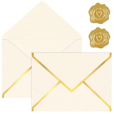 Imagem de Pacote com 30 envelopes para convites de 12,7 x 17,78 cm, envelopes coloridos de 250 g com etiqueta de lacre em V de folha dourada, envelope A7 para casamento, cartões de presente de agradecimento