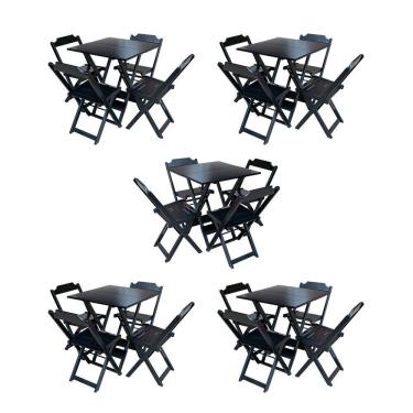 Imagem de Kit 5 Jogos de Mesa Dobravel com 4 Cadeiras de Madeira 70x70 para Restaurante e Bar - Preto