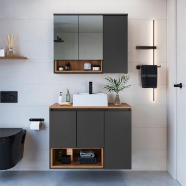 Imagem de Conjunto de Gabinete com Cuba Branca e Armário de Banheiro com Espelho Cecília 3 PT 3 GV Mel e Grafite