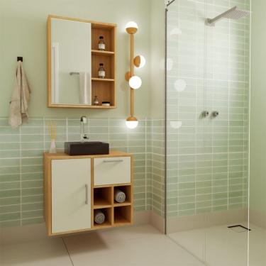 Imagem de Conjunto de Gabinete com Cuba Preta e Armário de Banheiro com Espelho Eduarda 2 PT 1 GV Mel e Arenas