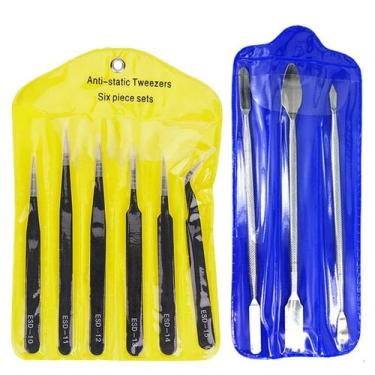 Imagem de Kit 6 pinças Antiestática Inox + 3 espátulas Aço Inoxidavel - Save Sho