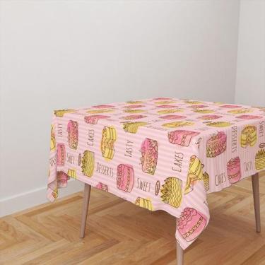 Imagem de Toalha De Mesa Quadrada 4 Lugares Tecido Oxford Listras Rosas e Bolos 