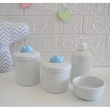 Imagem de Kit Higiene Bebê K016 Porcelana Azul Banho Cuidado Quarto Menino Decor
