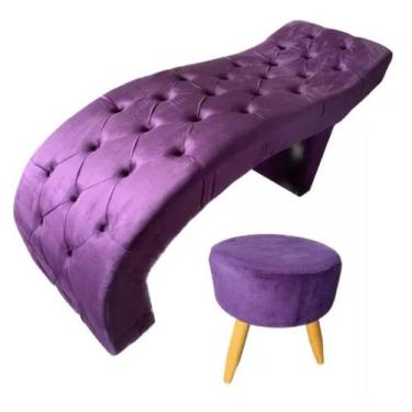 Imagem de Maca para Estética Luxo Veludo Roxo Capitone Estofados com Puff Cintat
