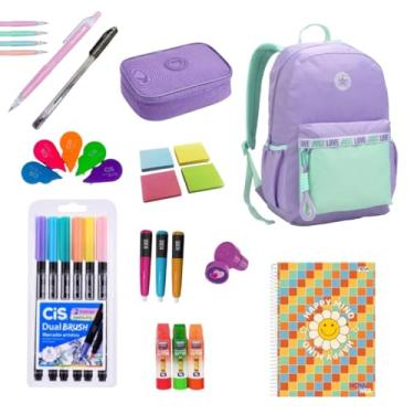 Imagem de Kit Material Escolar Premium Mochila Estojo Brush Carimbo Princesa Lilás Fofo kawaii Menina Juvenil