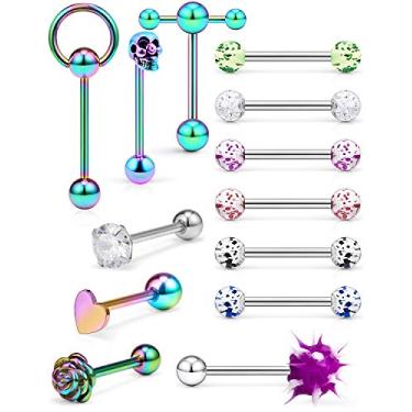Imagem de Hoeudjo 13 peças de anéis de língua de aço cirúrgico 14 G Teaser barra dupla com anel escravo piercing corporal joia para mulheres homens, caveira/flor/coração/zircônia cúbica/glitter com fecho de bola