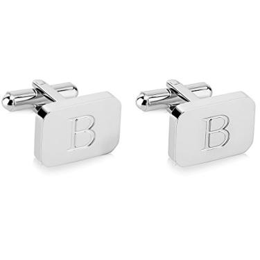Imagem de Abotoaduras masculinas de aço inoxidável gravadas com inicial em ouro branco 18K - Letra personalizada A-Z da Lux & Pair