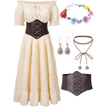 Imagem de Fantasia medieval renascentista, vestido vitoriano, vestido camponês, cottagecore, pirata, cosplay, conjunto de acessórios, Bege, Large