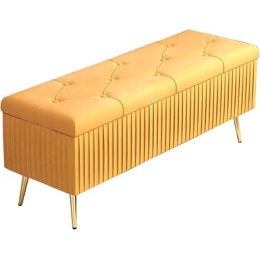 Imagem de Banqueta retangular de veludo dobrável para armazenamento contra incêndios, armazenamento de grande capacidade, adornado com botões e pernas antiderrapantes, 60 x 40 x 45 cm, amarelo